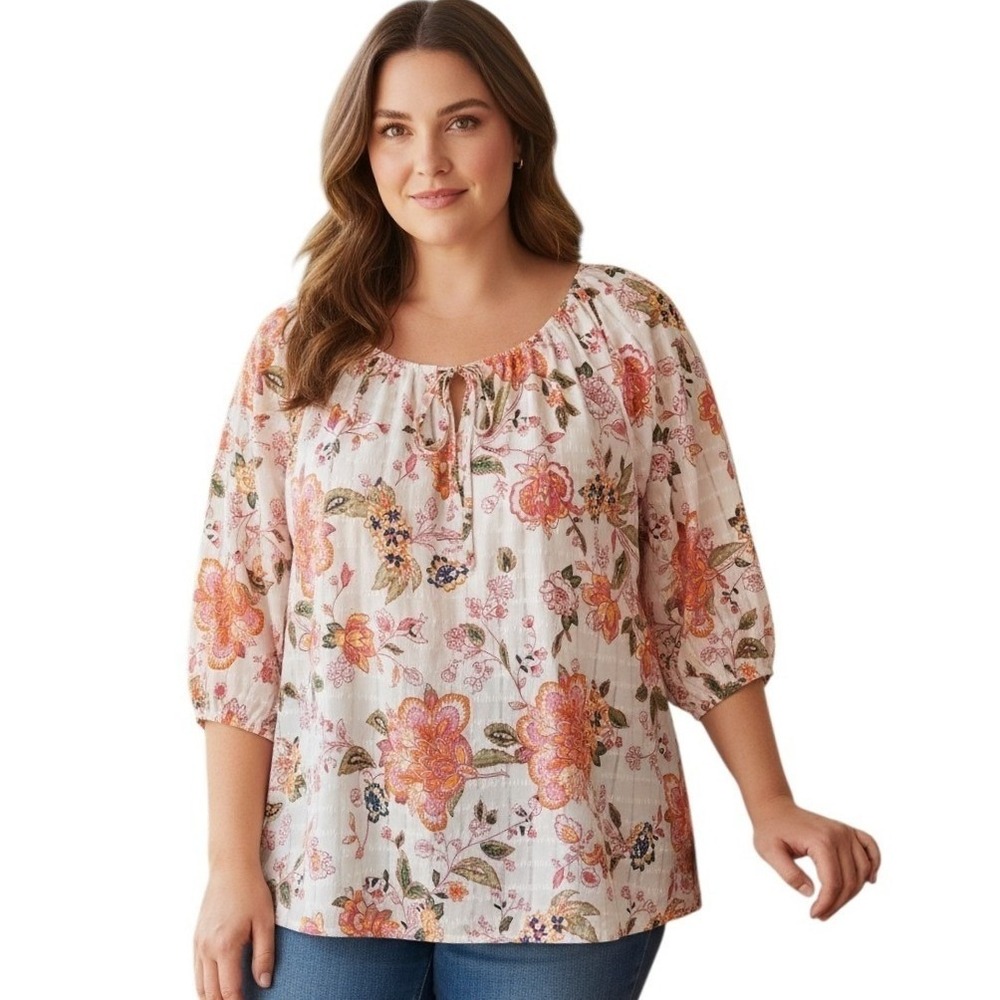 Plus size Lane Bryant Womens size 22/24 Boho Notch-Neck Tie-Front‎ Peasant Top